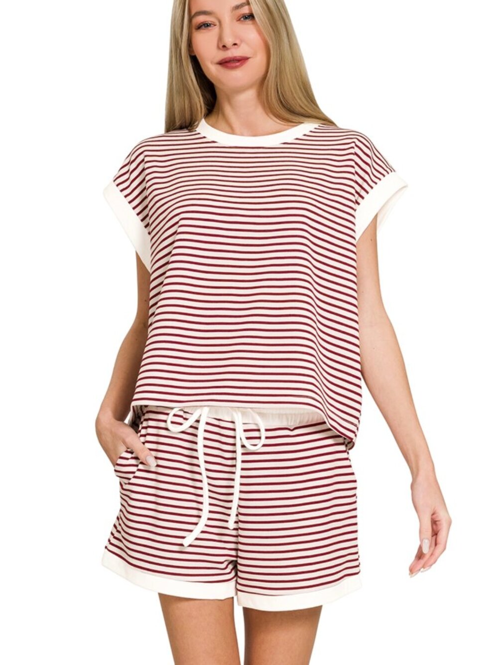 Zenana Maroon Cabernet STRIPE CONTRAST TRIM TOP & SHORTS SET NEW